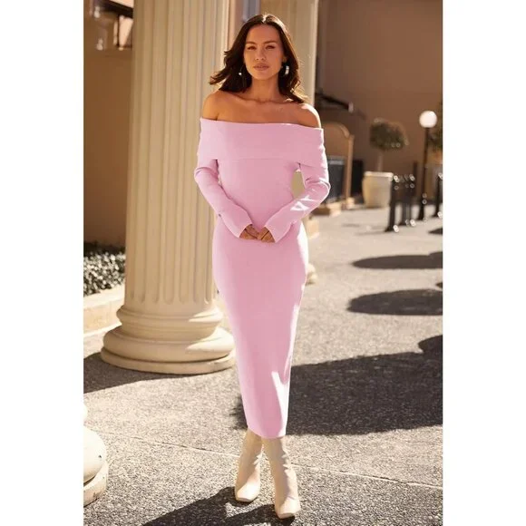 open lace back dress Pink Knit Long Sleeve Turtleneck Sweater Dress – PinkBlush main image 1